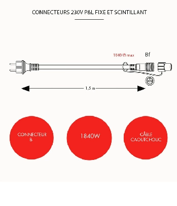 Câble d'alimentation connecteur B - L1,5m - 230V pour rideau lumineux BLANC