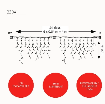 Frise SCINTILLANTE Optima H1,5 x L4m -230V (Rouge)
300 LED - prolongeable - int/ext - câble blanc