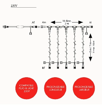 Rideau scintillant H5 x L2m - 230V (Blanc chaud)
900 LED - prolongeable - int/ext - câble blanc