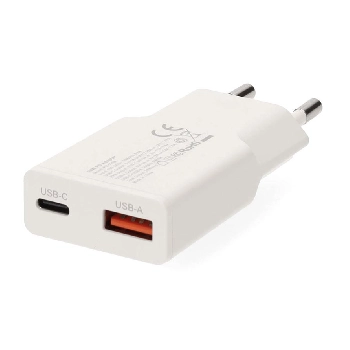 Batteries / Chargeurs CHARGEUR SECTEUR - 1xUSB-C(F) + 1xUSB-A(F) (PD/QC,20W/18W, BLANC)